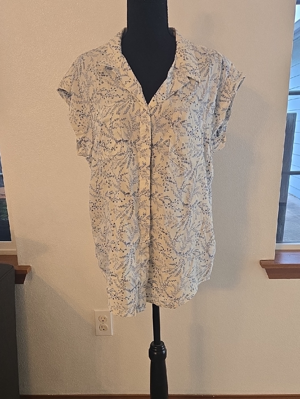 JACHS Girlfriend Cream Blouse with Blue Floral Print